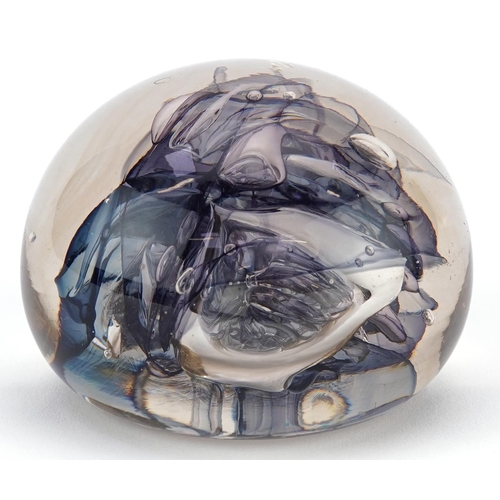 353 - Late 20th century glass paperweight with purple sprawling design, indistinctly signed to base and da... 