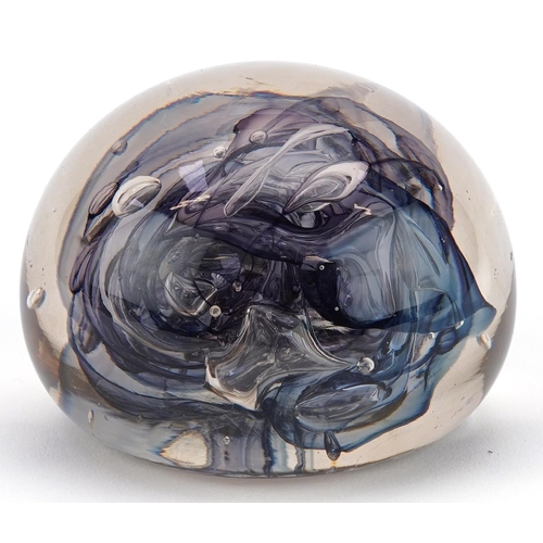 353 - Late 20th century glass paperweight with purple sprawling design, indistinctly signed to base and da... 