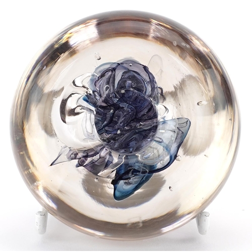 353 - Late 20th century glass paperweight with purple sprawling design, indistinctly signed to base and da... 