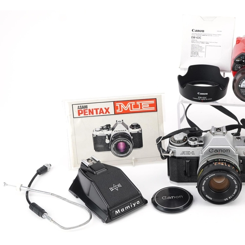 523 - Vintage and later cameras, lenses and accessories including Canon AE-1, Pentax ME Super and Vivitar ... 