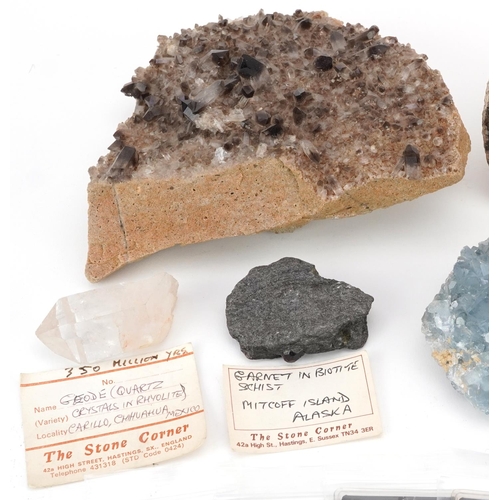 1468 - A collection of rock specimens and minerals including amethyst, garnet, quartz, agate and an ammonit... 