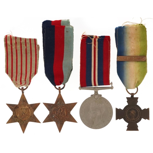 2430 - Three British military World War II medals and a France and Germany medal with ribbons.