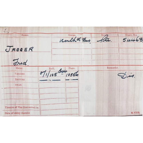 2412 - British military World War I medal pair with ribbons awarded to 54463 PTE.F.JAGGER.NORTH'D FUS.