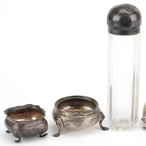 457 - Victorian and later silver comprising four cruet items, caddy spoon and a cut glass jar with silver ... 