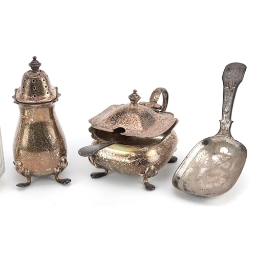 457 - Victorian and later silver comprising four cruet items, caddy spoon and a cut glass jar with silver ... 