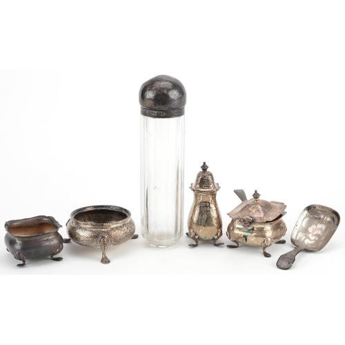 457 - Victorian and later silver comprising four cruet items, caddy spoon and a cut glass jar with silver ... 