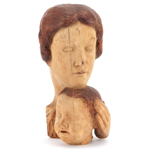 95 - A 20th century Italian carved soft wood portrait bust of a mother and child, signed Ambrosi Tries 28... 