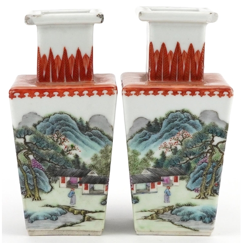  A pair of Chinese Qianlong period square section vases, each decorated with a continuous landscape, ... 