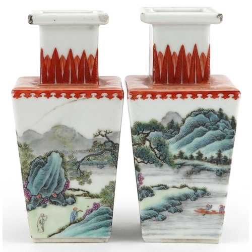  A pair of Chinese Qianlong period square section vases, each decorated with a continuous landscape, ... 