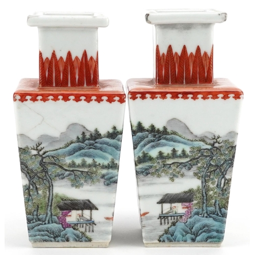  A pair of Chinese Qianlong period square section vases, each decorated with a continuous landscape, ... 