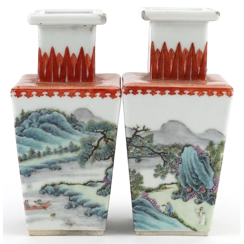  A pair of Chinese Qianlong period square section vases, each decorated with a continuous landscape, ... 