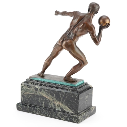 10 - After Georg Schrimpf, The Athlete, a 20th century brown patinated bronze figure, signed, on a green ... 