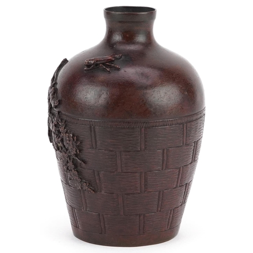 101 - A Japanese bronze diminutive vase, 20th century, decorated in the form of a wall with a branch and i... 