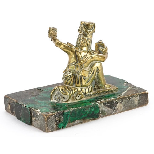 132 - A 19th century Russian polished bronze figure of a seated soldier drinking, mounted on a malachite v... 