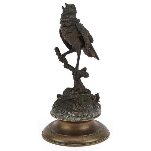  Ferdinand Pautrot, a late 19th century bronze figure of a singing bird raised on a naturalistic base... 