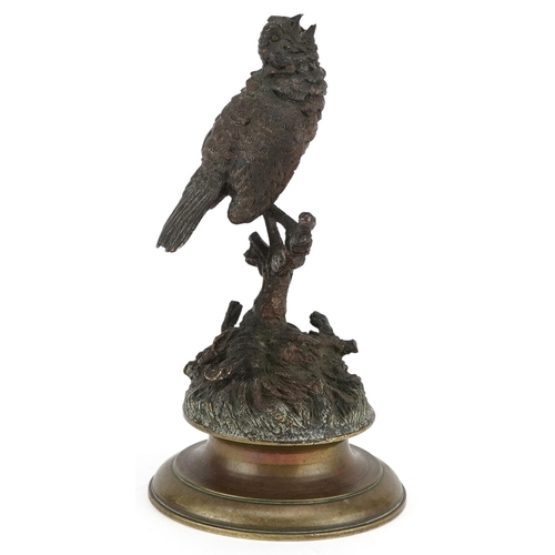  Ferdinand Pautrot, a late 19th century bronze figure of a singing bird raised on a naturalistic base... 