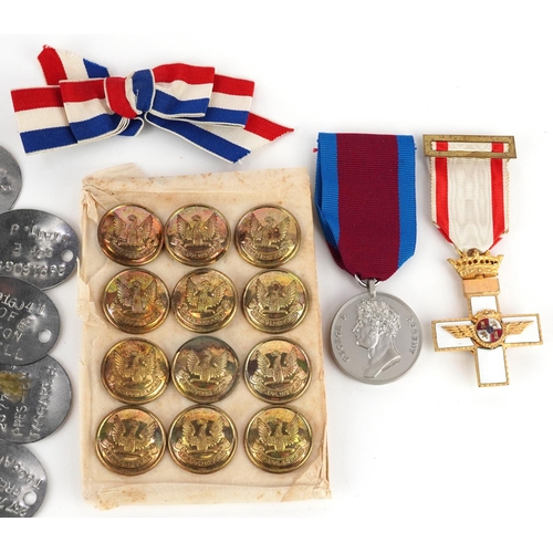 2472 - Militaria including dog tags, Spanish Air Force Cross of Merit with ribbon, Waterloo Army medal with... 