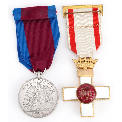 2472 - Militaria including dog tags, Spanish Air Force Cross of Merit with ribbon, Waterloo Army medal with... 