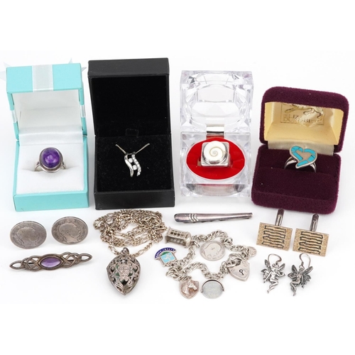 3323 - Silver jewellery including a charm bracelet, cabochon amethyst ring and brooch, turquoise love heart... 