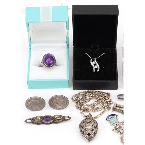 3323 - Silver jewellery including a charm bracelet, cabochon amethyst ring and brooch, turquoise love heart... 