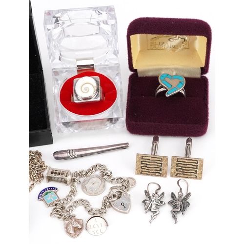 3323 - Silver jewellery including a charm bracelet, cabochon amethyst ring and brooch, turquoise love heart... 