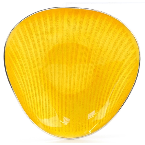 411 - Anton Michelsen, a Danish mid century sterling silver and yellow guilloche enamelled dish, 10cm in l... 