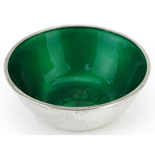 434A - Anton Michelsen, a Danish mid century sterling silver and green guilloche enamel miniature bowl, 5cm... 