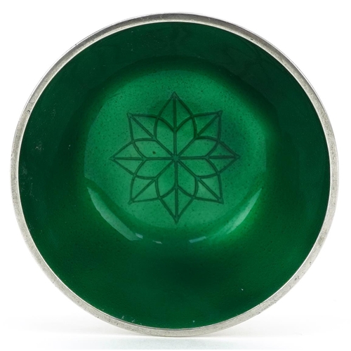 434A - Anton Michelsen, a Danish mid century sterling silver and green guilloche enamel miniature bowl, 5cm... 