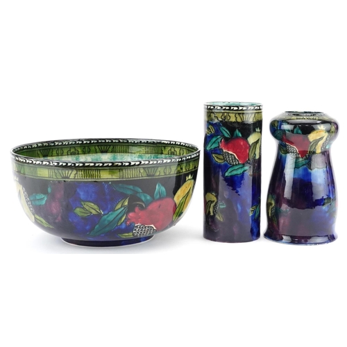 348 - Rubens Ware, an Art Deco pottery bowl and two vases hand painted with fruiting vines, the bowl 23.5c... 