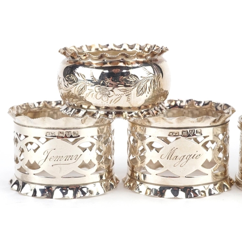 451 - ***WITHDRAWN*** Six Victorian and later circular silver napkin rings including a pair hallmarked Che... 