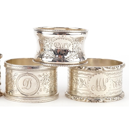 451 - ***WITHDRAWN*** Six Victorian and later circular silver napkin rings including a pair hallmarked Che... 