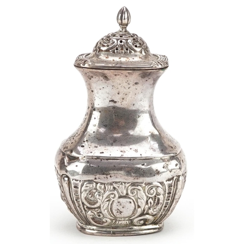 427 - Antique silver caster with embossed decoration, indistinct Birmingham hallmarks, registration number... 