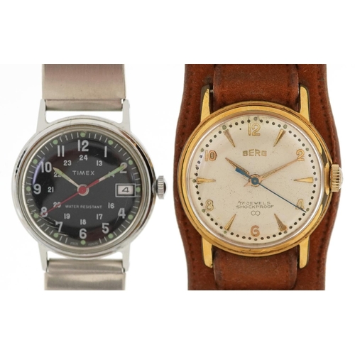 3325 - Two gentlemen's wristwatches comprising Timex with date aperture having military type dial and Berg.