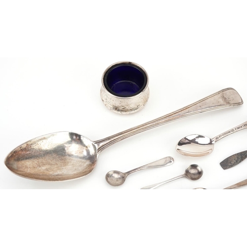 449 - Antique and later silver including a George III tablespoon, teaspoons and an open salt with blue gla... 