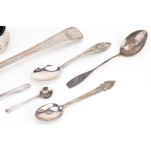 449 - Antique and later silver including a George III tablespoon, teaspoons and an open salt with blue gla... 