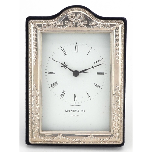 571 - Kitney & Co, embossed silver easel clock with box, London 1993, 16.5cm x 11.5cm.