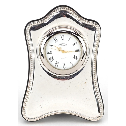 574 - Carrs, silver easel clock with box, Sheffield 2001, 12.5cm x 8cm.