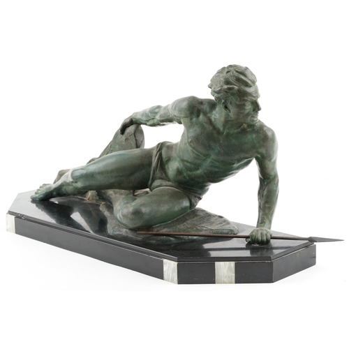  Jean de Roncourt (1869-1937) - A fisherman with harpoon, France circa 1930, green patinated metal sc... 