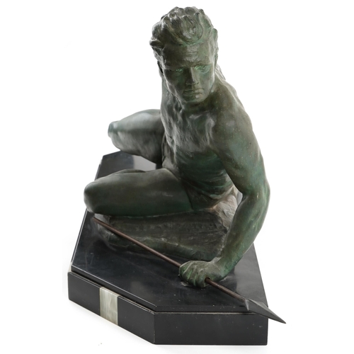  Jean de Roncourt (1869-1937) - A fisherman with harpoon, France circa 1930, green patinated metal sc... 