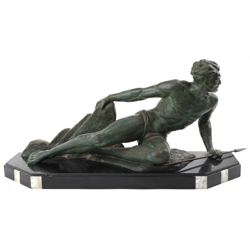  Jean de Roncourt (1869-1937) - A fisherman with harpoon, France circa 1930, green patinated metal sc... 