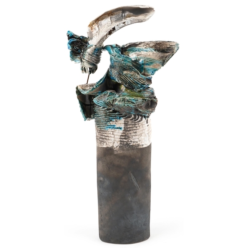  A large late 20th century abstract art pottery sculpture with green and blue glazes, indistinctly si... 