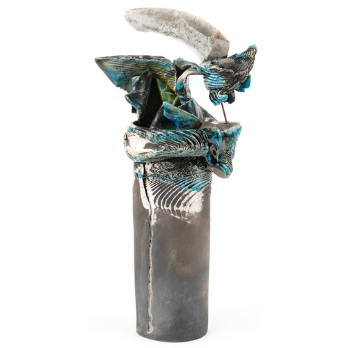  A large late 20th century abstract art pottery sculpture with green and blue glazes, indistinctly si... 