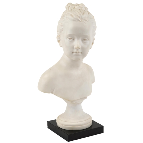 20 - After Jean-Antoine Houdon, a 20th century porcelain portrait bust of a young girl, on a black marble... 