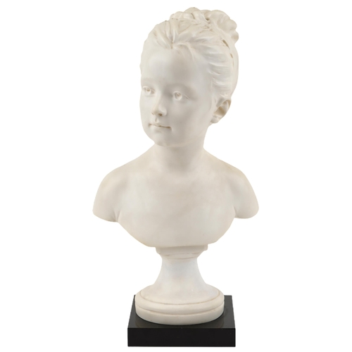 20 - After Jean-Antoine Houdon, a 20th century porcelain portrait bust of a young girl, on a black marble... 