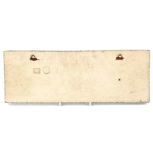 346 - A 20th century ceramic tile plaque by Roger Capron, French, with impressed marks verso, 14cm x 40cm.