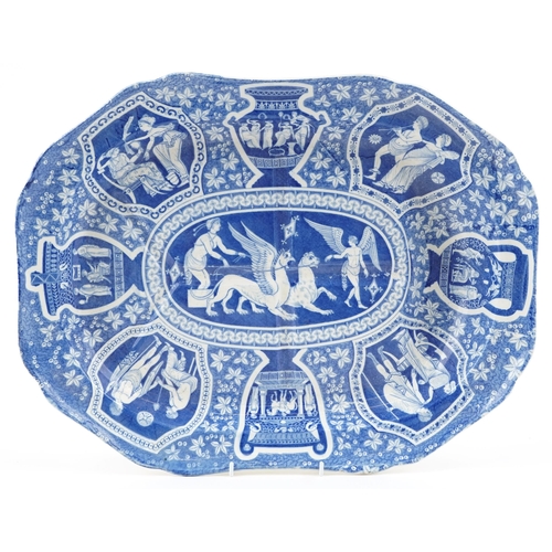 33 - An early 19th century blue and white pearlware meat dish decorated with Greek classical figures and ... 