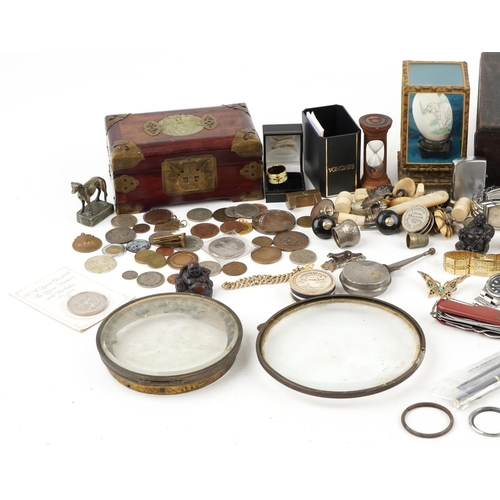 1456 - Sundry items including costume jewellery, wristwatches, coins, Chinese jewellery box and antique fur... 