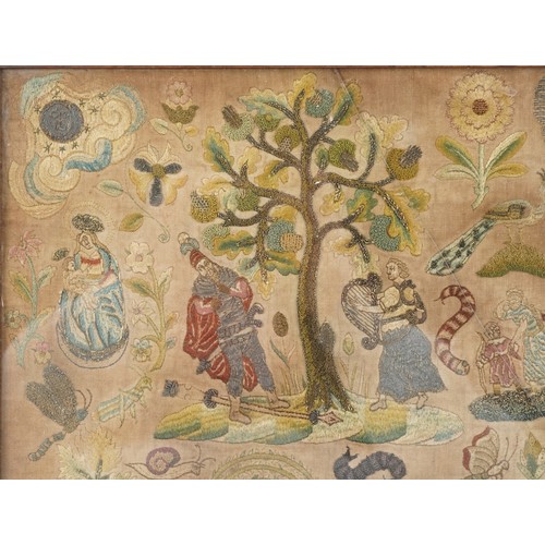 131 - A good Charles II stump work embroidered panel, late 17th century, depicting figures, foliage and an... 