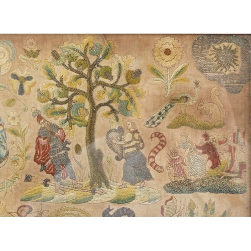 131 - A good Charles II stump work embroidered panel, late 17th century, depicting figures, foliage and an... 