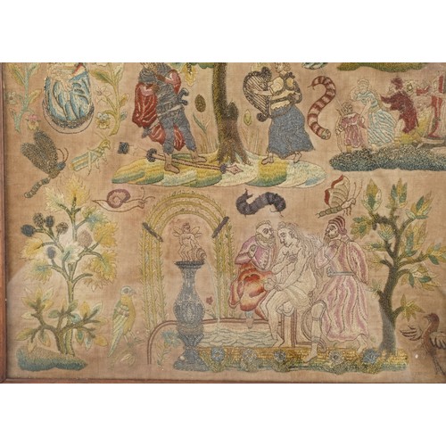 131 - A good Charles II stump work embroidered panel, late 17th century, depicting figures, foliage and an... 